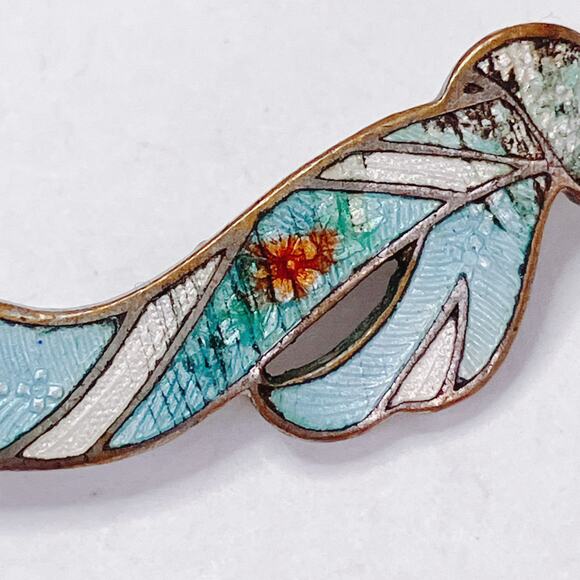 Vintage Guilloche Enamel Ribbon Bow Floral Bar Brooch 1920s 1930s Blue Jewelry - Picture 4 of 11